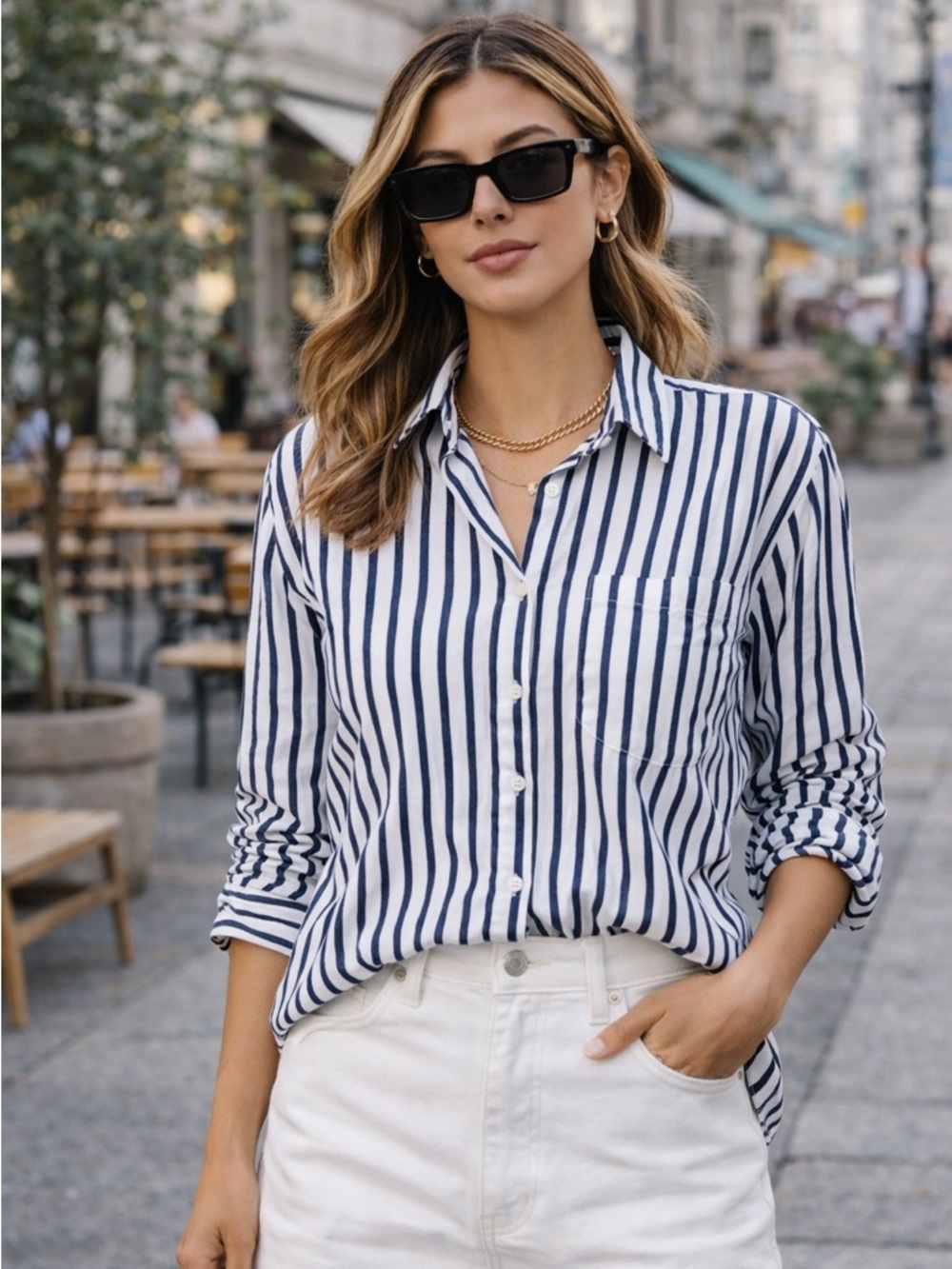 Liz Claiborne Navy and White Vertical Stripe Button-Down Shirt